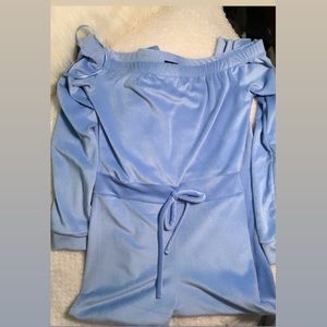 Off the Shoulder Blue Velvet Jumpsuit